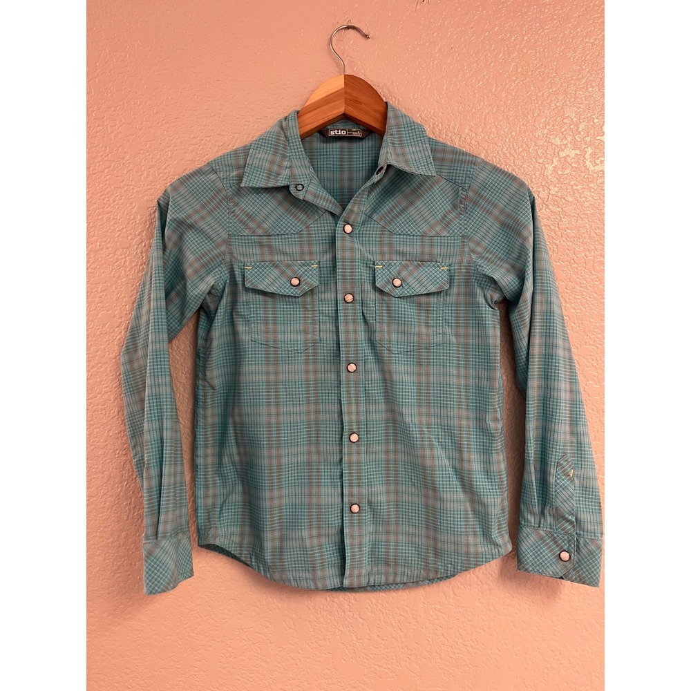 Stio Kids Eddy Shirt Turquoise Plaid Pearl Snap Western Long Sleeve Size 8